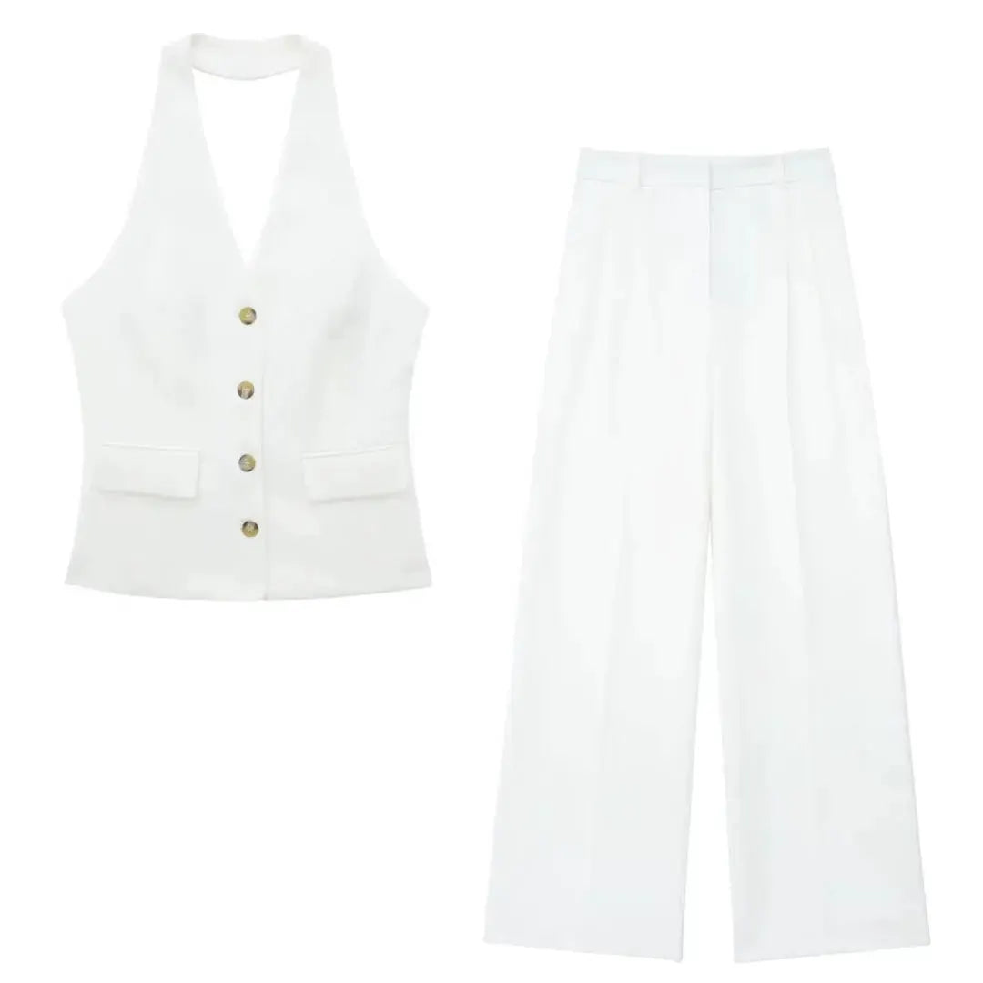 HH Women Pant Suit Set Halter Vest Blazer Top Zipper Pants Office Lady