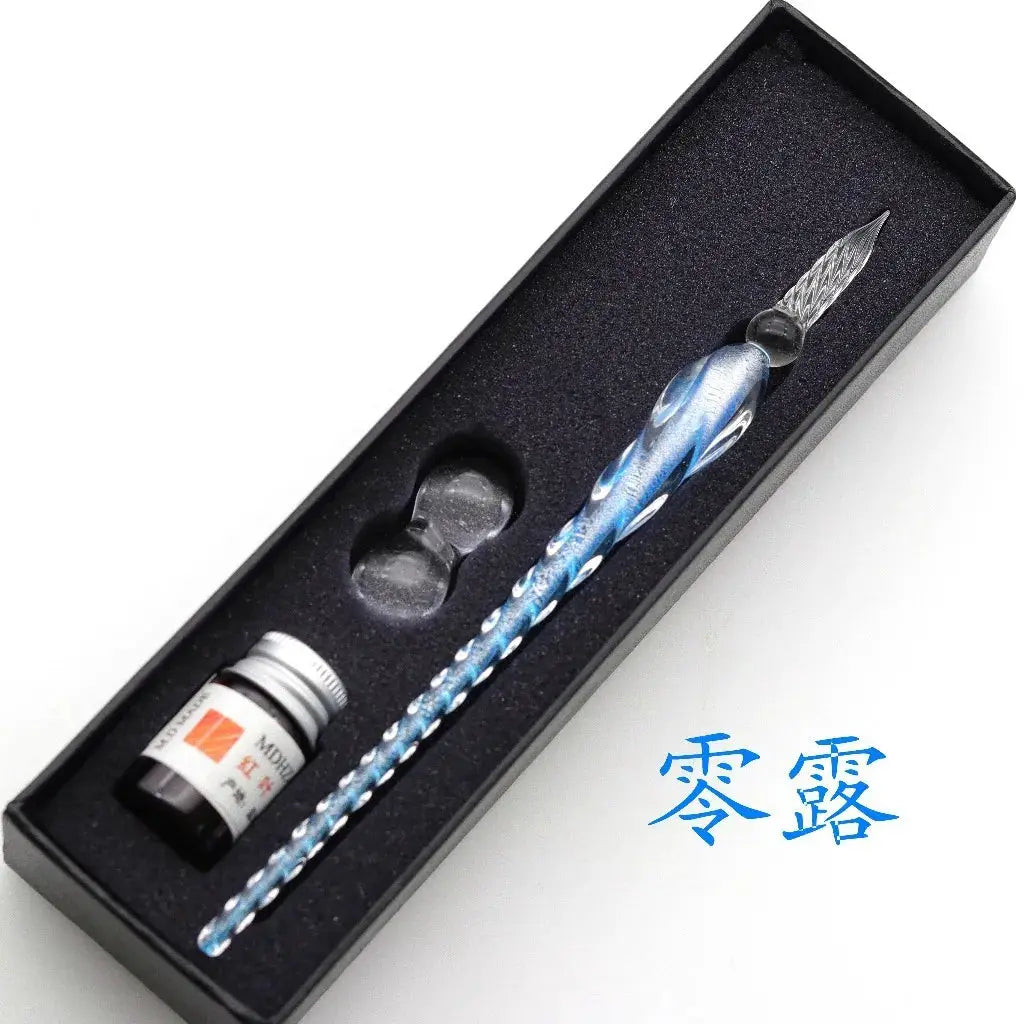 Crystal glass dip pen set in a black gift box with a blue swirled handle and ink bottle, Simples Market