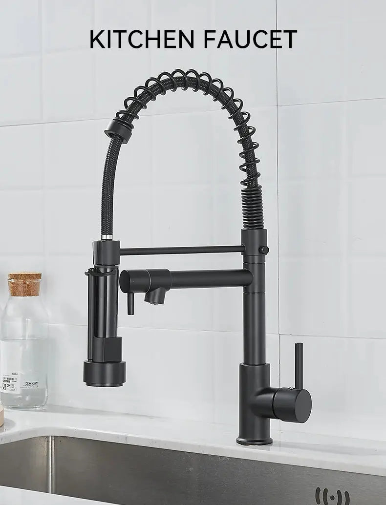 Kitchen faucet with pull-down sprayer, high-arc black matte finish, single-handle spring-coil hose