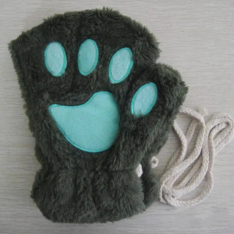 Cartoon Cute Cat Claw Paw Gloves Women Plush Mittens Warm Soft Short Fingerless Fluffy Bear Cat Gloves Costume