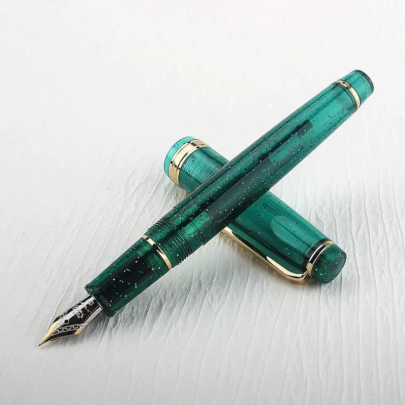 Two green acrylic Jinhao 82 fountain pens with gold trim and converters, Simples Market