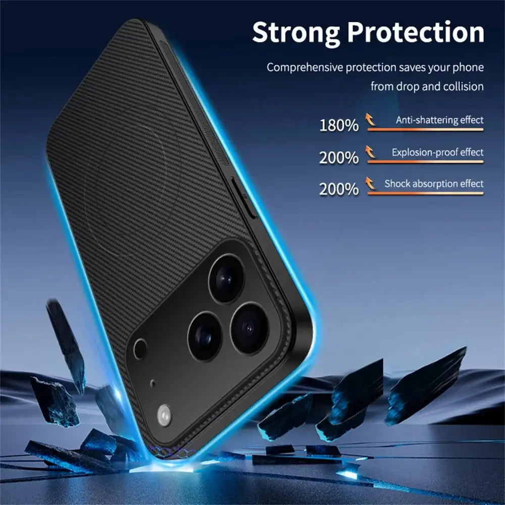iPhone case with ultra-thin carbon fiber texture and magnetic leather cover for MagSafe, black with blue glow.