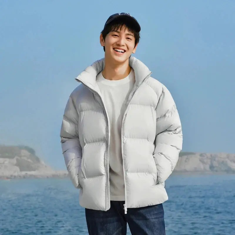 Semir down jacket by Simples Market, light gray unisex short puffer coat.