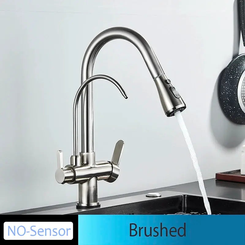 Onyzpily kitchen faucet brushed stainless finish with pull-out spray deck-mount dual handles