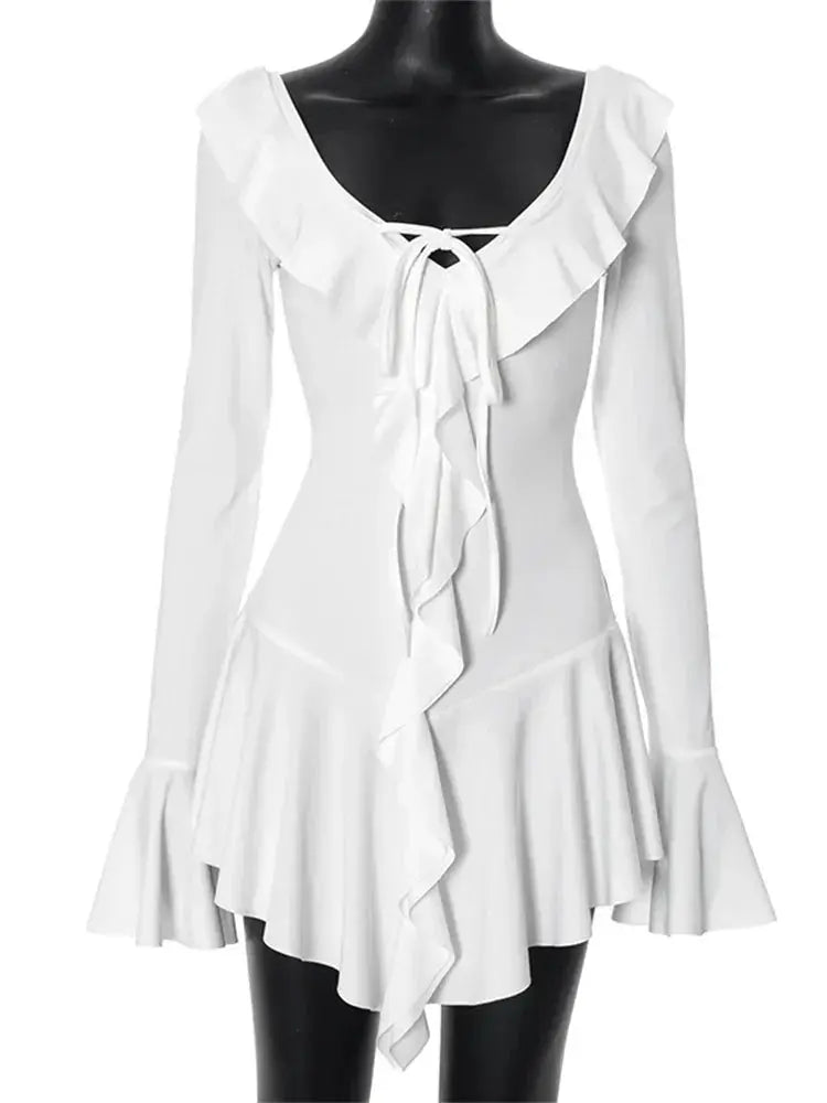 Tossy Ruffled Lace Up White Mini Dress V Neck Patchwork Slim Fit Summer Elegance