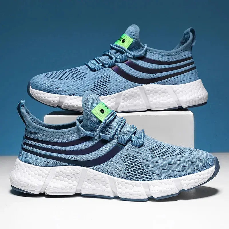 Pair of men's casual sports sneakers by Simples Market, blue breathable lightweight running shoes with white chunky sole