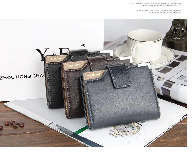 Baellerry short luxury men wallets set of 4; leather wallets with zipper coin pockets in black, brown, navy, brand tag visible