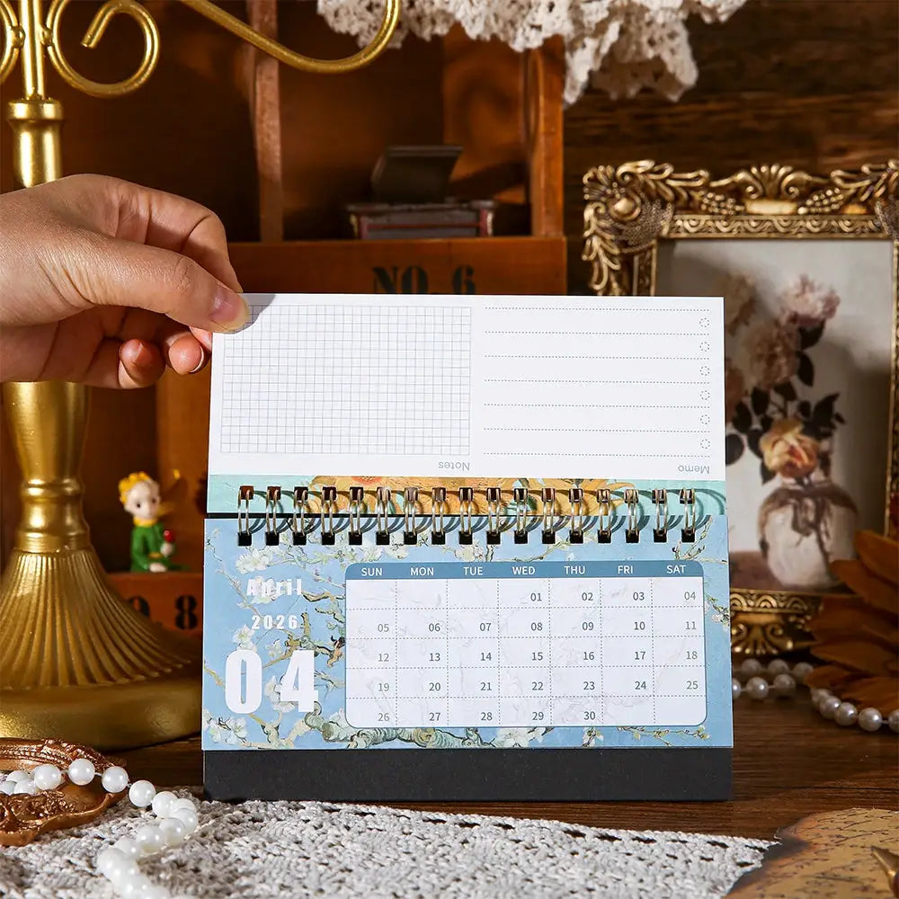 Simples Market 2026 desk calendar with vintage painting design, spiral binding, monthly calendar with memo notes