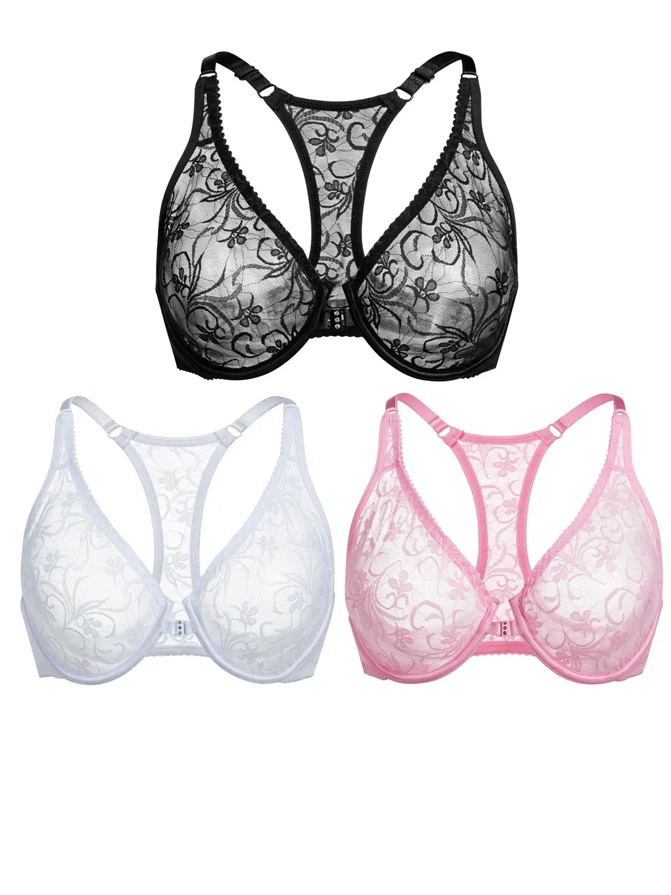 Set of 3 lace sheer front-closure bras in black, white and pink with floral embroidery