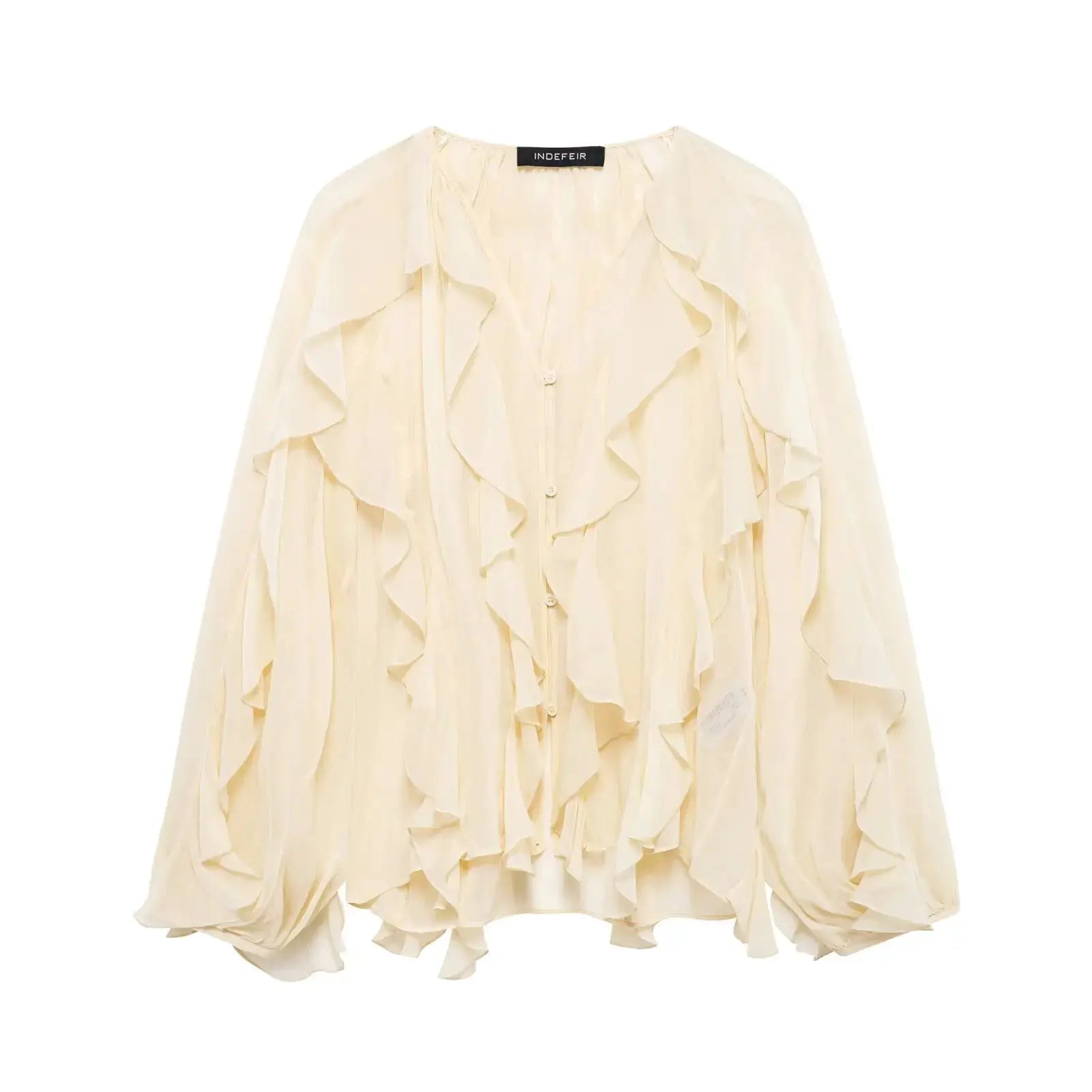 Cream women's ruffled blouse with cascading layers, long puff sleeves and button front; INDEFEIR label visible