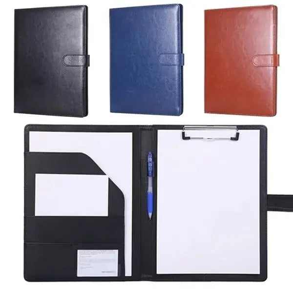 Simples Market PU leather A4 conference folder; black, blue, brown variants with pockets, clipboard, and pen holder.