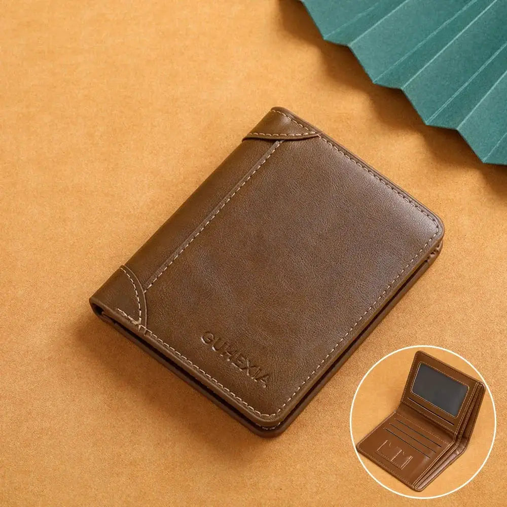 Simples Market brown PU leather RFID wallet for men, slim vertical cardholder with ID window, minimalist design