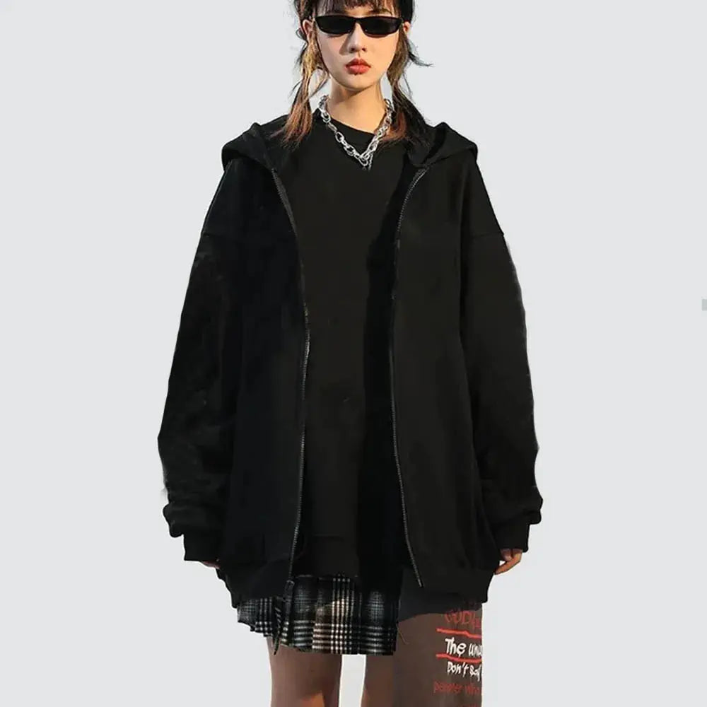 Black zip-up hooded sweatshirt, oversized unisex fashion long-sleeve hoodie.