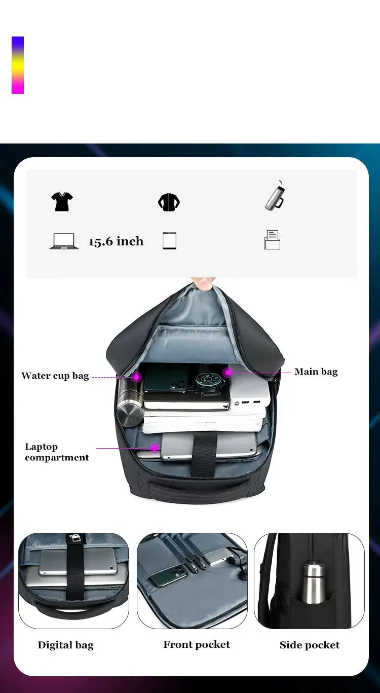 LED Display backpack by Simples Market, black with 15.6 inch laptop compartment and multiple pockets