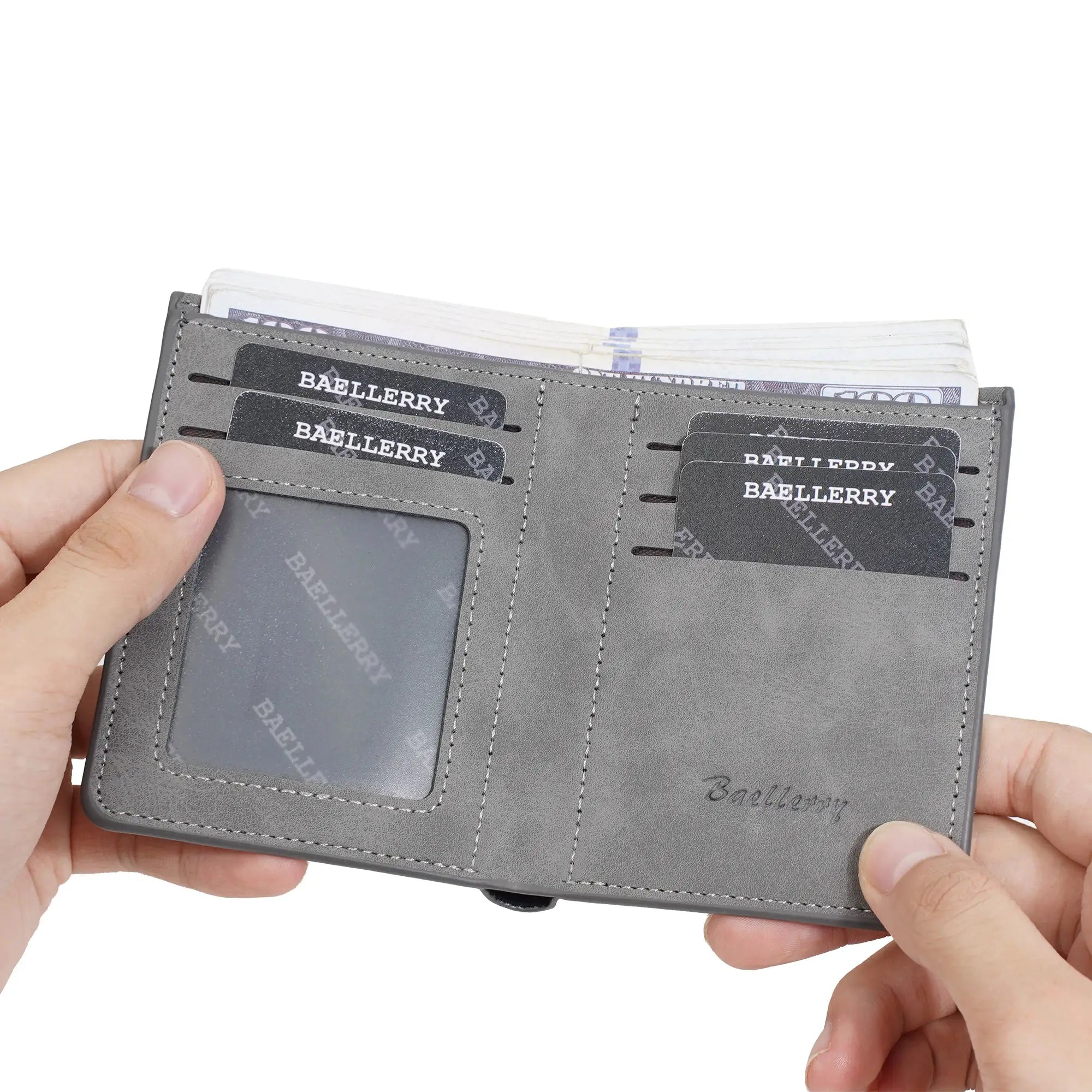 Gray Baellerry men's slim bi-fold wallet with multiple card slots and cash visible