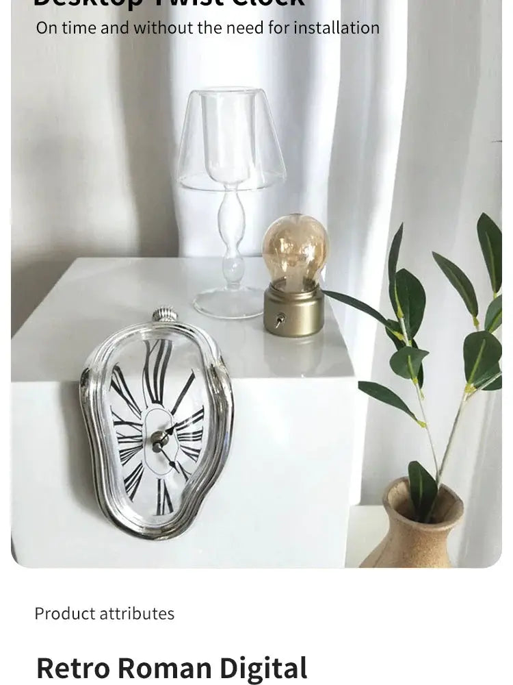 Surreal melting wall clock with a silver frame and Roman numeral dial; decorative home/office clock