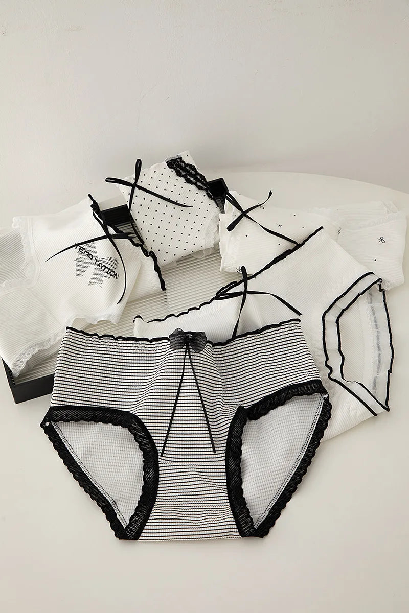 M-XL striped lace-trim briefs with bow and sheer panels by Simples Market; set of 4 women's underwear