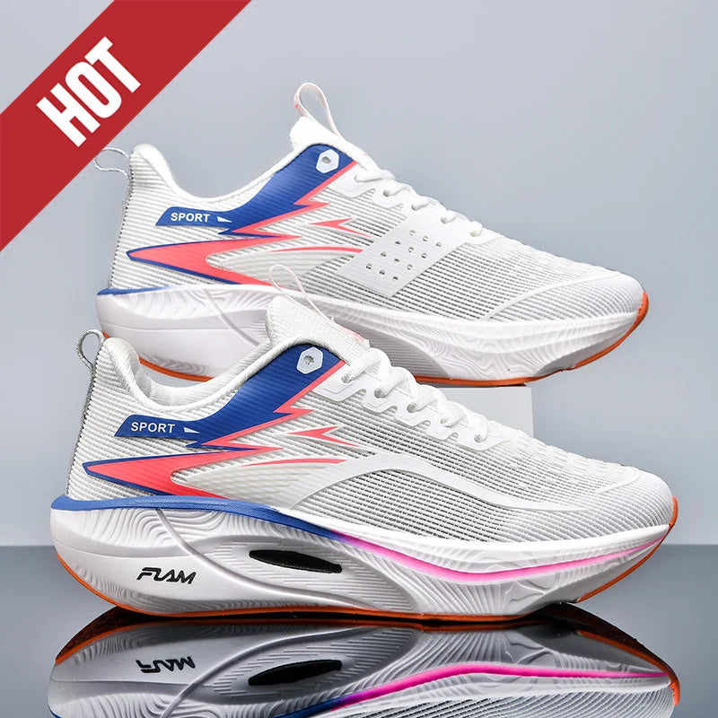 Men's running shoes pair by Simples Market, white with blue and pink side panels, breathable mesh