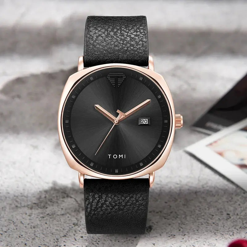 TOMI men's wristwatch with rose-gold case, black dial, leather strap and calendar date window