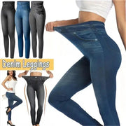 Denim-inspired women's leggings, ultra-stretch high-waist slim fit with lifted buttocks in blue/black/gray.