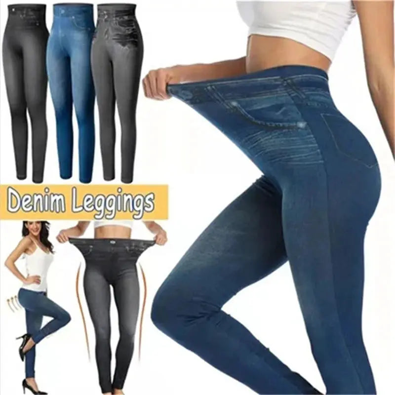 Denim-inspired women's leggings, ultra-stretch high-waist slim fit with lifted buttocks in blue/black/gray.