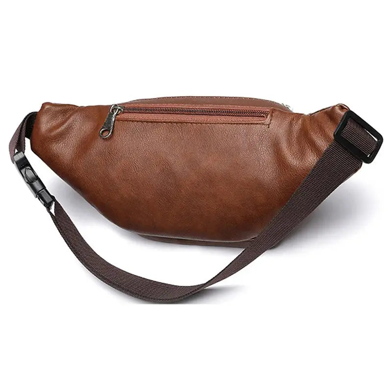 Men's brown PU leather waist bag with zipper pocket and adjustable strap