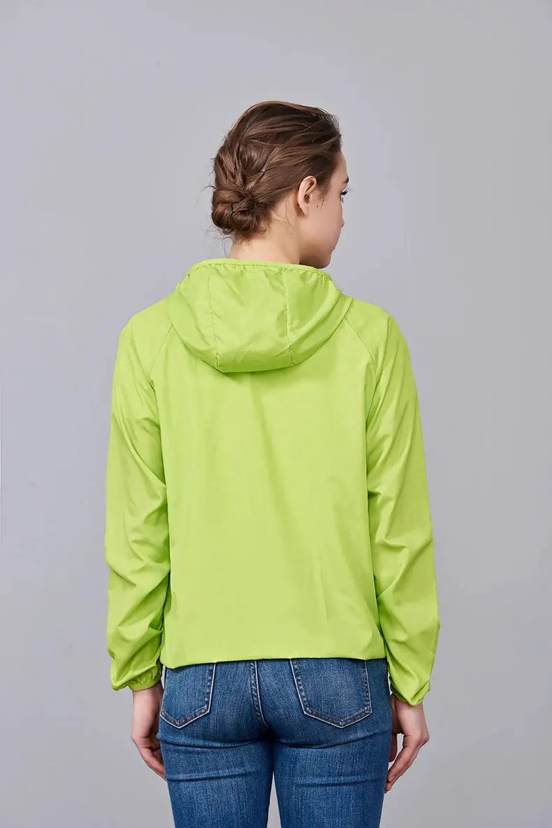 JNLN unisex hiking jacket lime green waterproof windbreaker with hood for outdoor treks