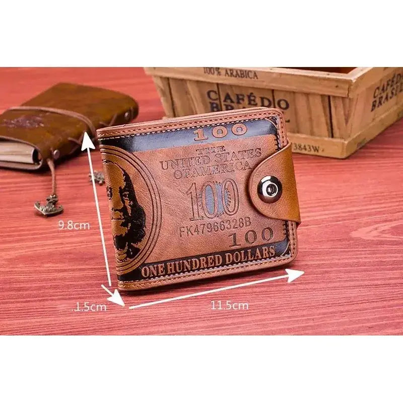 Men's genuine leather wallet slim bifold with money-print US bill design, RFID blocking, large capacity