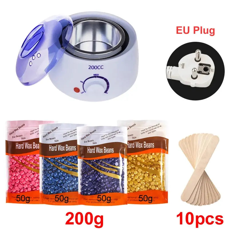 Simples Market 200ml wax heater with EU plug, 5x50g hard wax beads and 10 wooden spatulas