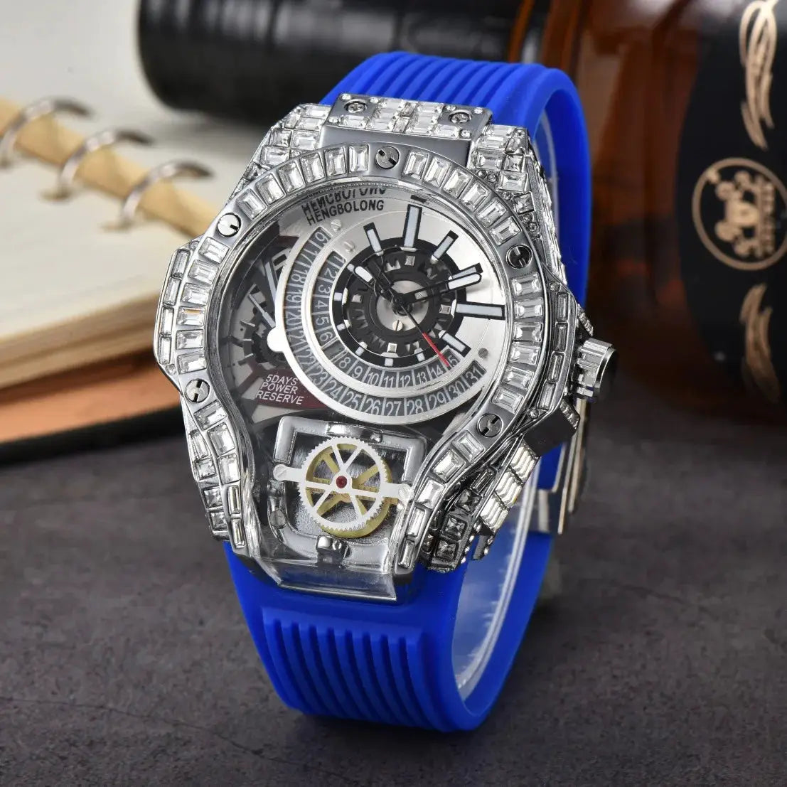 Men's watch with full diamond-encrusted case, blue rubber strap, and skeleton dial