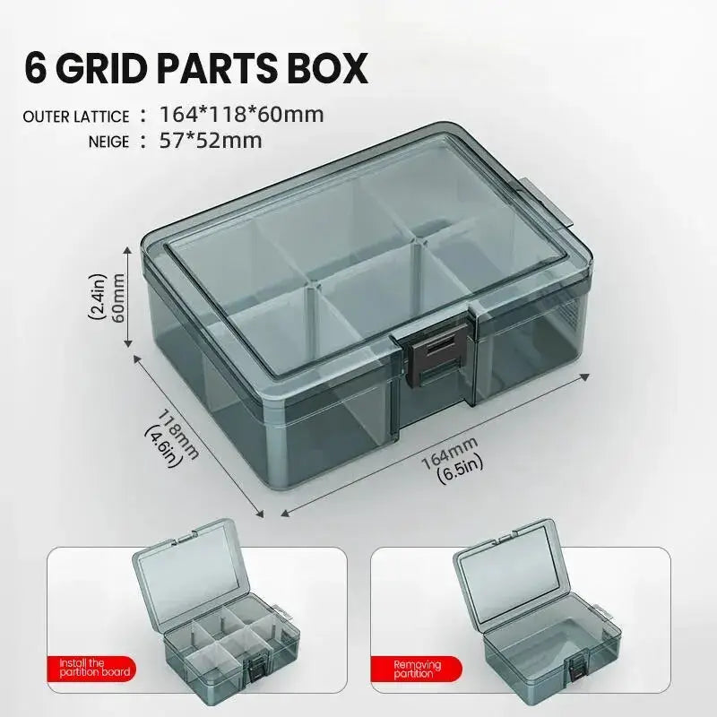 Simples Market AIRAJ 6-grid plastic tool parts box with transparent case, latch, and removable partitions