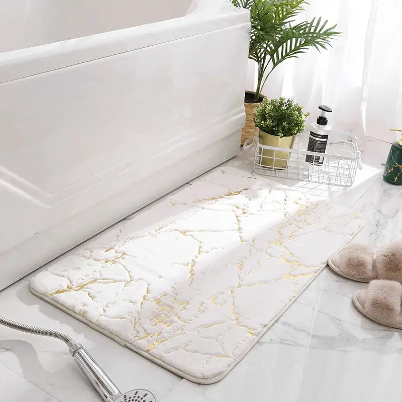 MarbleLux Marble Bathroom Rug Nonslip Black Gold With Soft Faux Rabbit Fur Surface And Eco Friendly Backing