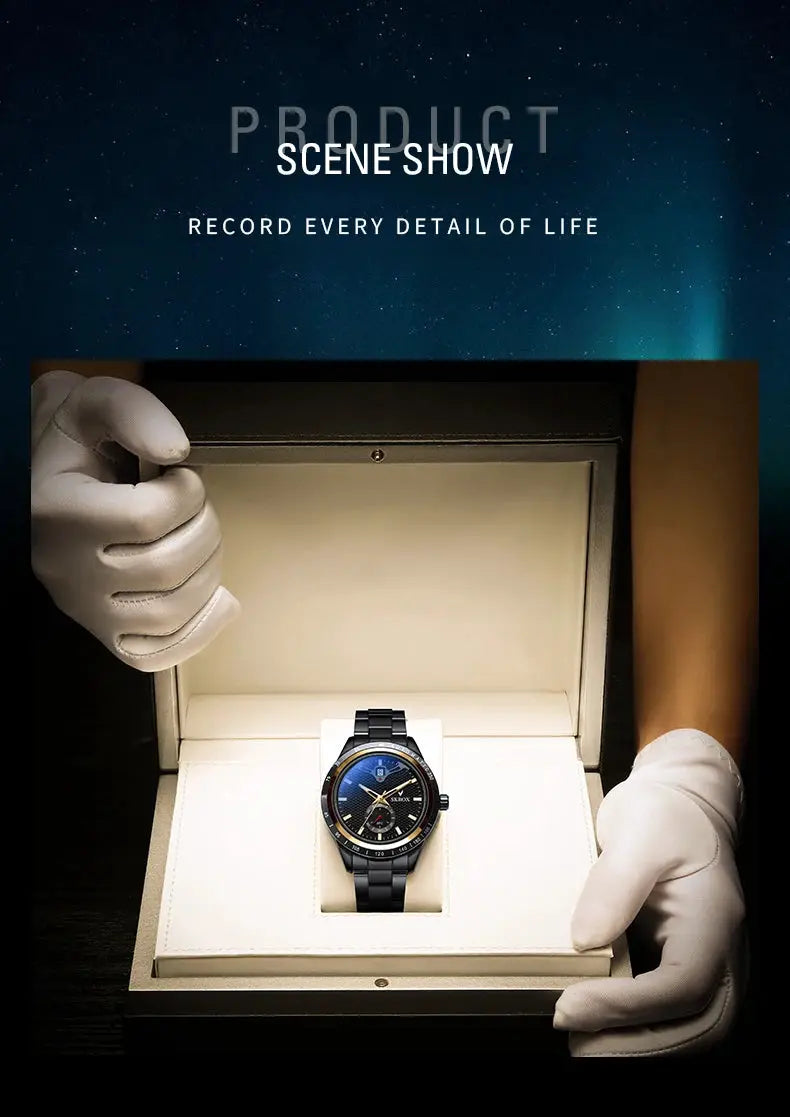 SKROX luxury sapphire stainless steel automatic movement men's watch with blue dial in presentation box