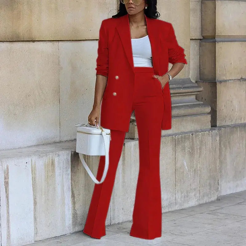 Red blazer and matching high-waisted straight-leg pants two-piece suit for women, business casual, Simples Market