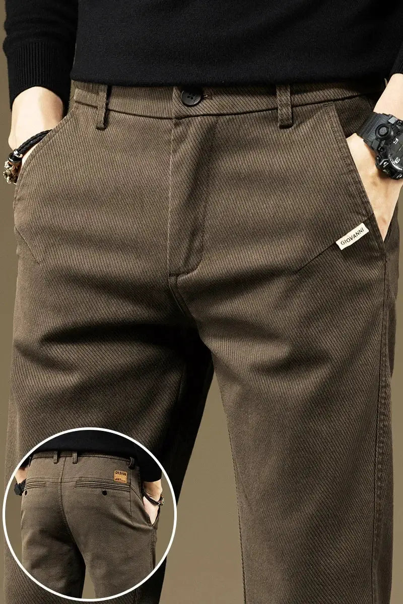 KUBRO men's brown cotton pants with Giovanni label, belt loops and back pockets