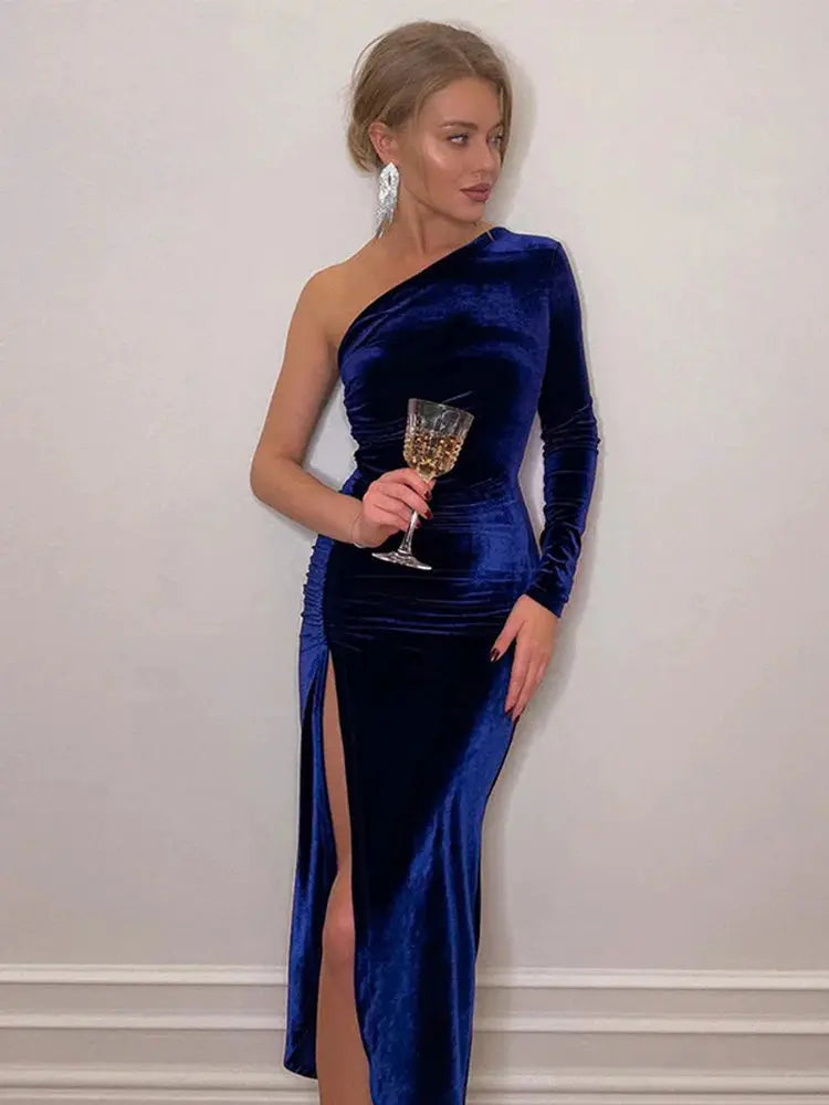 Velvetique Women Velvet Bodycon Midi Dress Elegant Long Sleeve Diagonal Collar And Split Pencil Hem