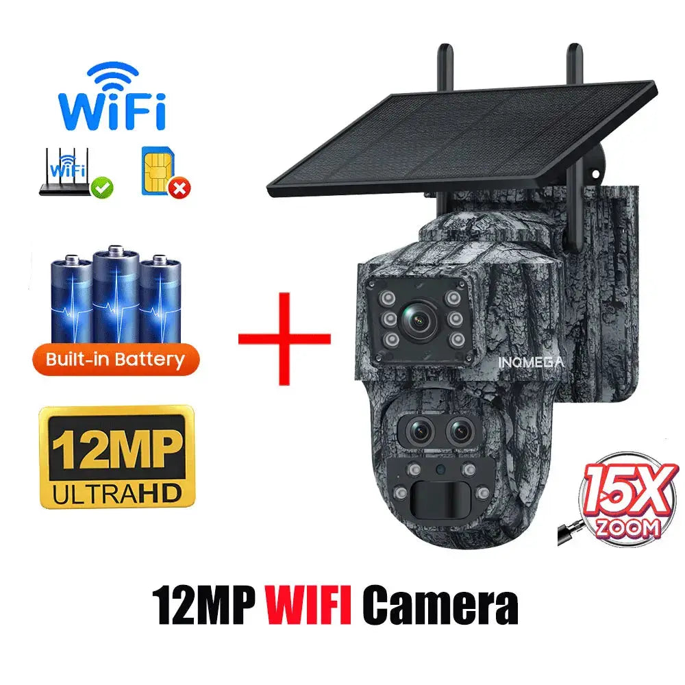 INQMEGA 12MP WIFI PTZ security camera with solar panel, built-in battery, 15x zoom