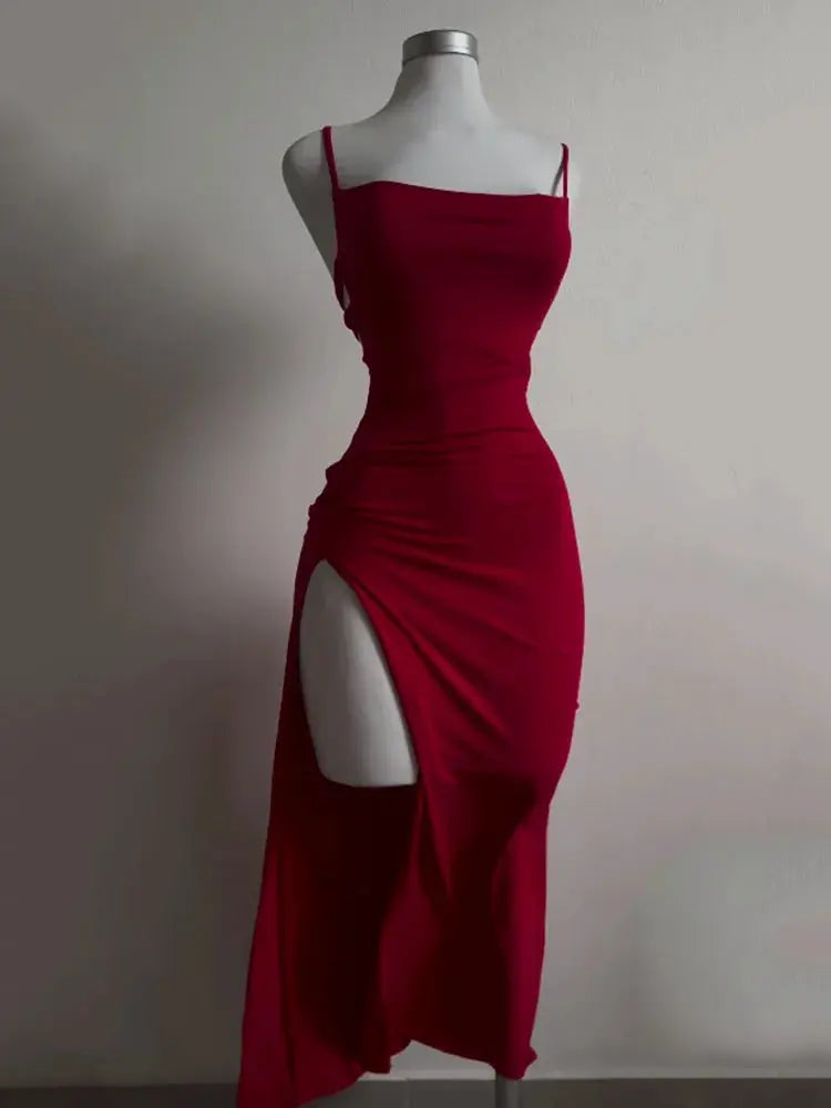 VibeLux Backless Lace Up Maxi Dress Bodycon Fit With Thigh High Split For Party Ready Look