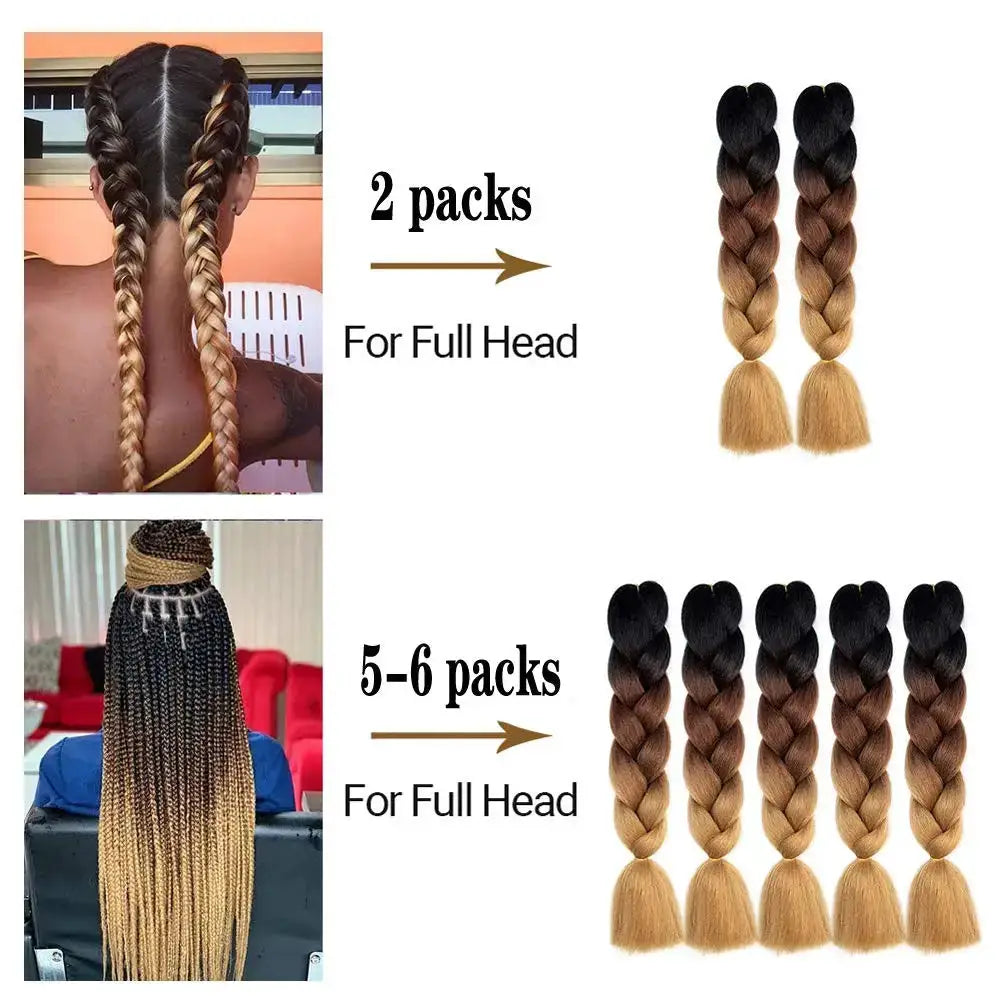 Simples Market long 24-inch jumbo braid extensions, Kanekalon, Afro Ombre; 2 packs and 5–6 packs for full head shown