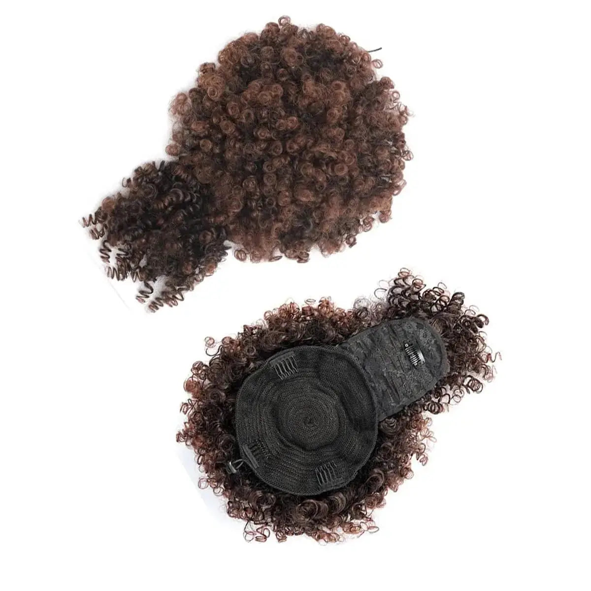 Afro Puff Kinky Curly Updo Ponytail Extension with Bangs, two-piece set in black synthetic hair with a drawstring cap