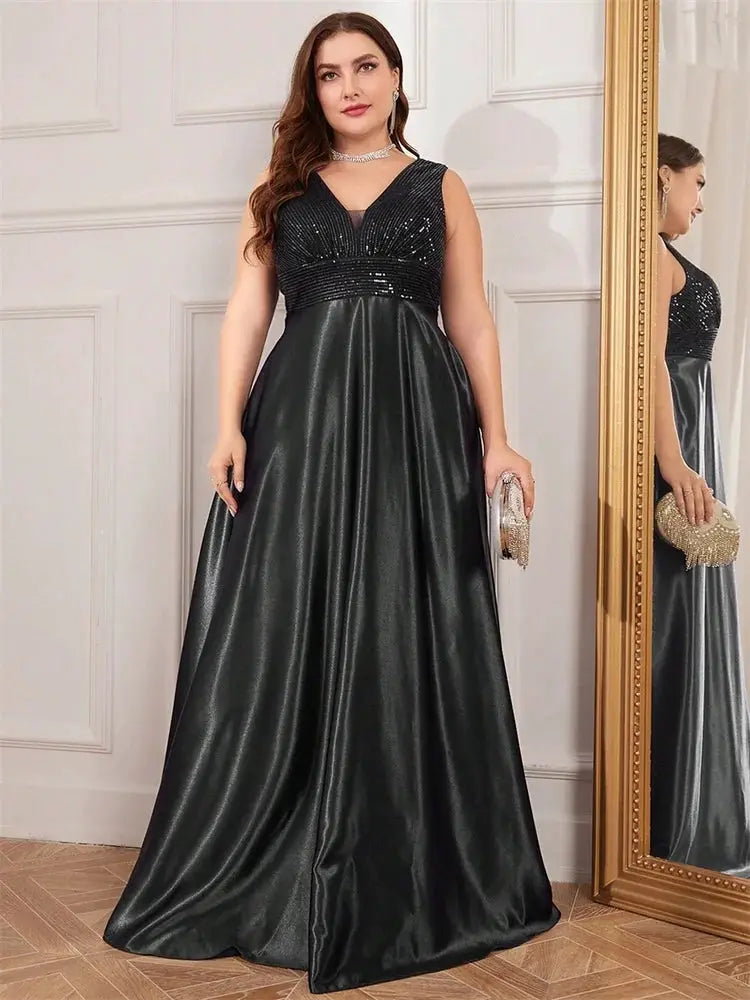 Plus Size Elegant Sequins Evening Dress Deep V Neck Satin Gown