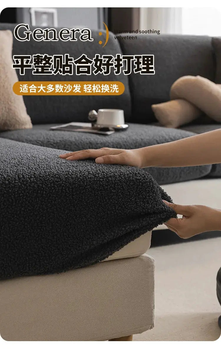 Sofa cover Simples Market 2026 Premium Winter Teddy Fleece dark gray with non-slip elastic edges