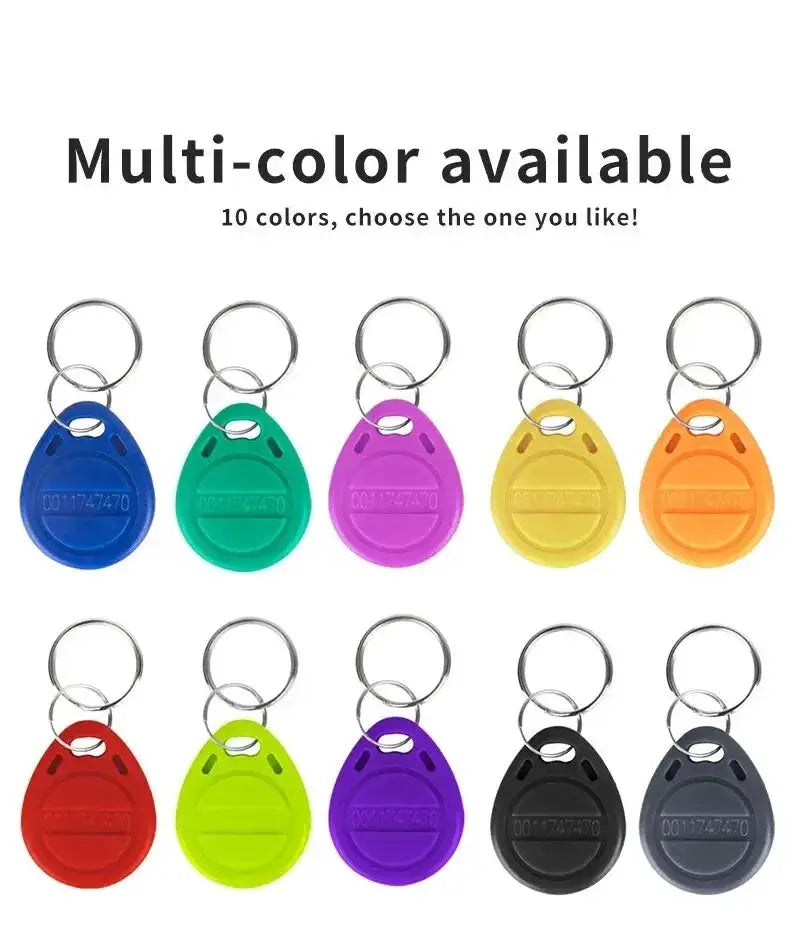 Ten colorful 125KHz RFID TK4100 EM4100 proximity keyfobs on metal keyrings