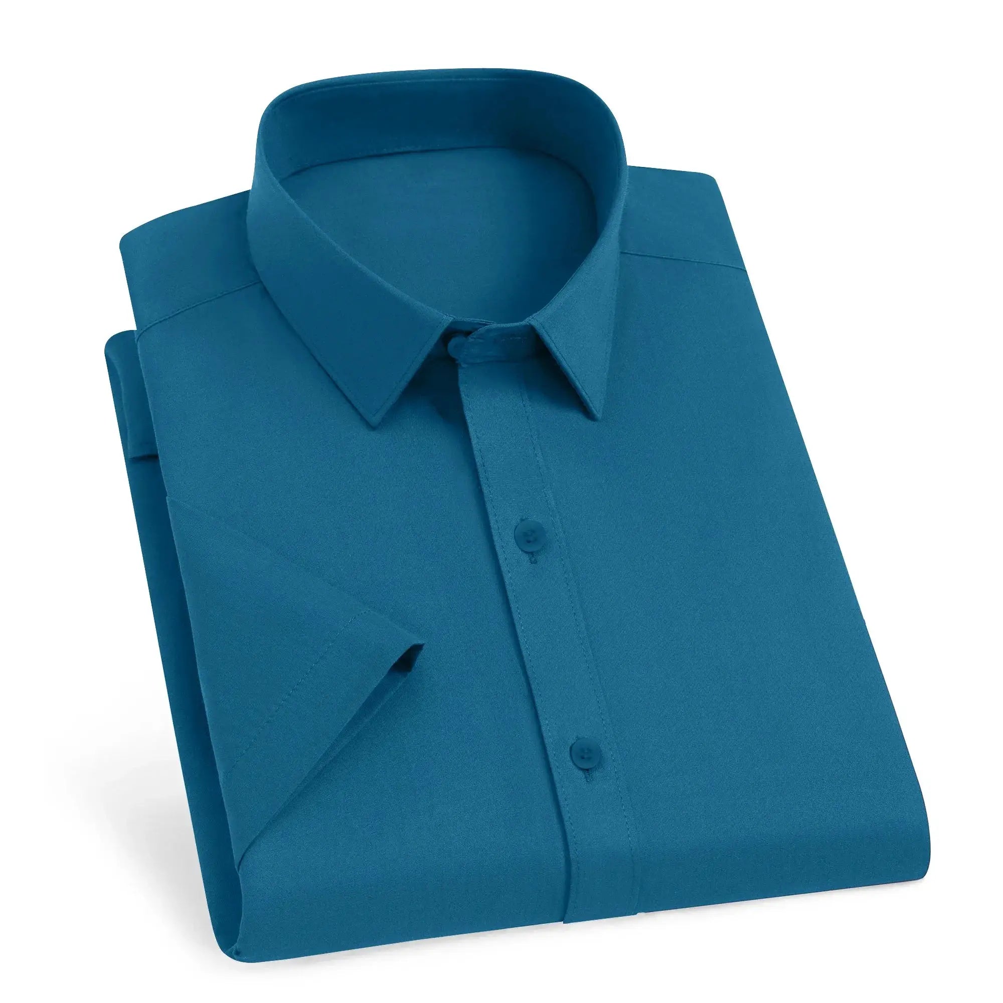 Shirt: blue, men's business casual solid color with no-iron fabric, neatly folded