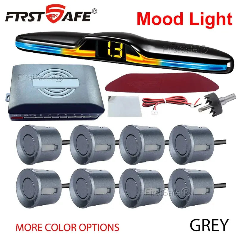 FirstSafe parking sensor kit with mood light display, 8 grey sensors, control box, monitor, wiring