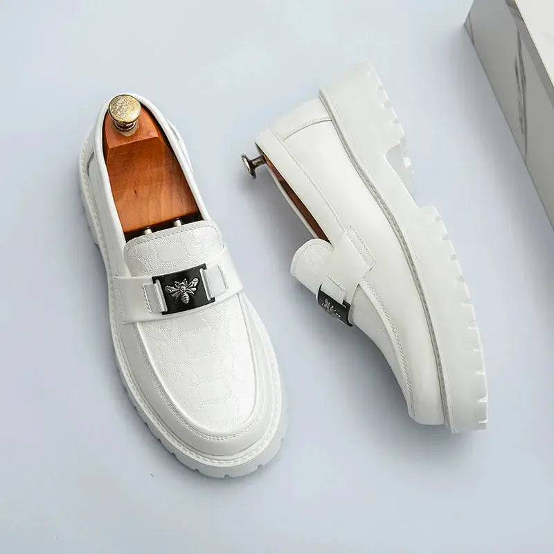 Men's white leather loafers with bee-embellished strap and chunky sole