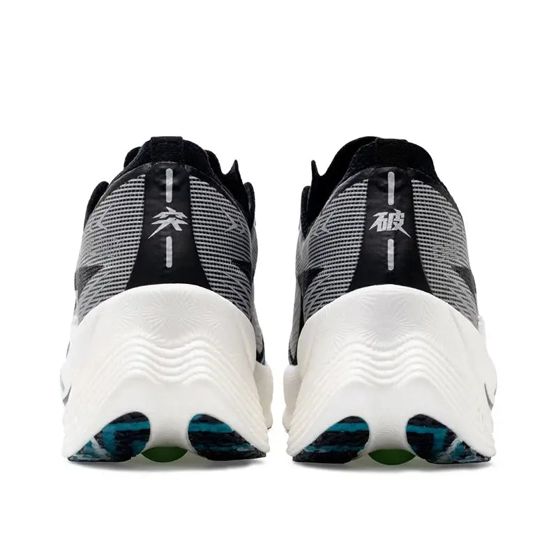 ONEMIX Marathon Carbon Plate running shoes pair; black/grey knit upper, white midsole, blue outsole accents.