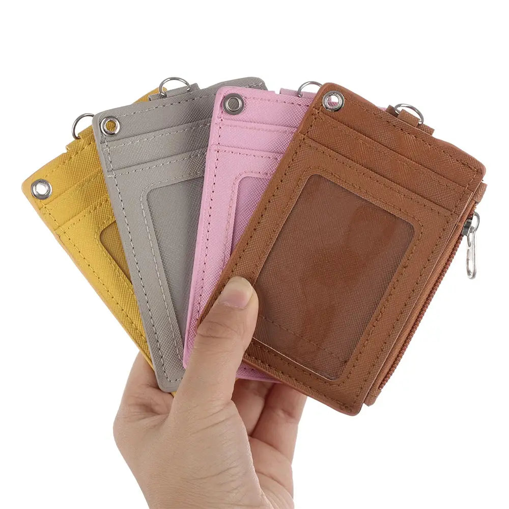 Simples Market PU leather ID card wallet set of 5 with clear ID window and keyring in yellow, gray, pink, tan, brown
