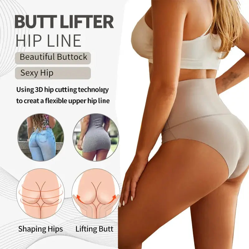 Simples Market high-waist seamless shapewear panties in beige; butt lifter briefs with hip-shaping design.
