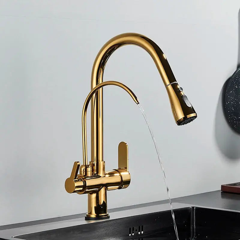 Gold pull-out kitchen faucet with dual handles, deck-mounted spray head